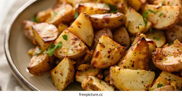 Close Up Of Roasted Potato Wedges With Herbs And Spices