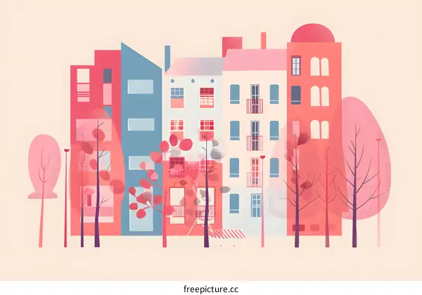 Colorful Cityscape with Buildings and Trees in a Pastel Palette