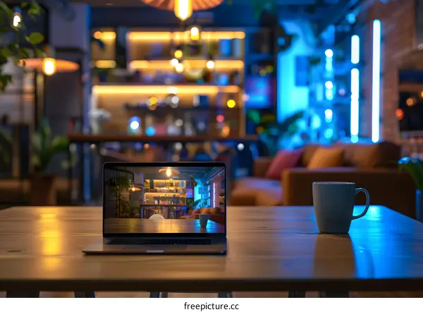 Laptop on Table with Blurred Interior Background
