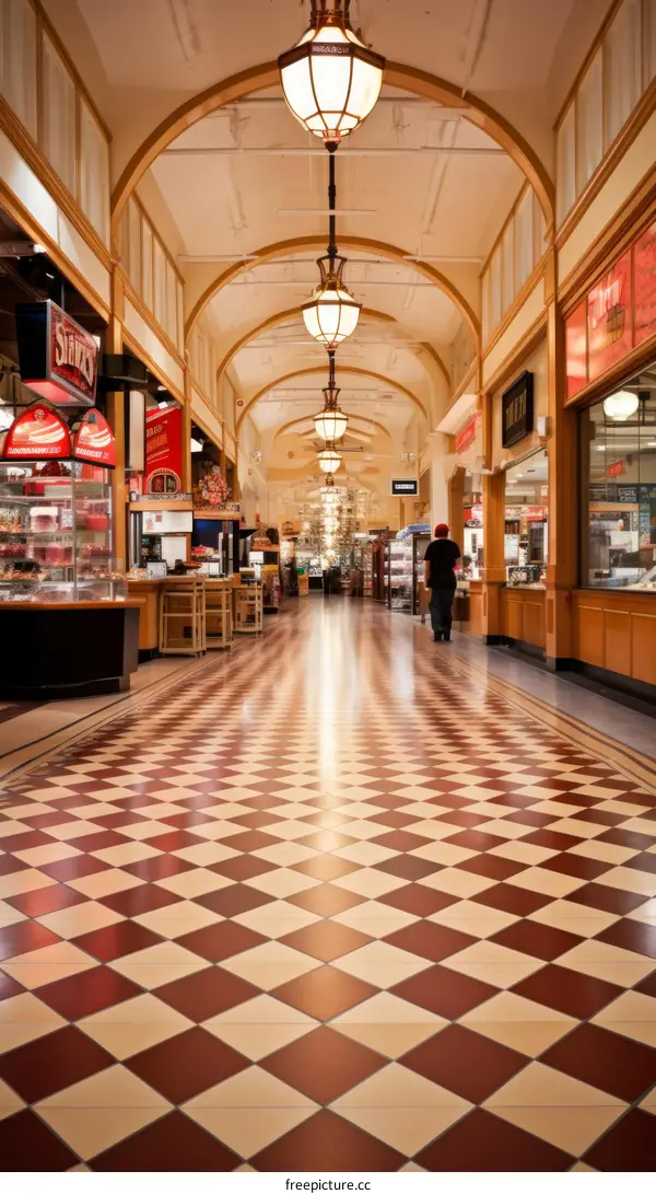 A long hallway with a red and white checkered floor