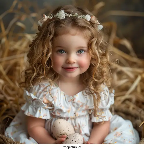Little girl with curly hair wearing a wreath of flowers