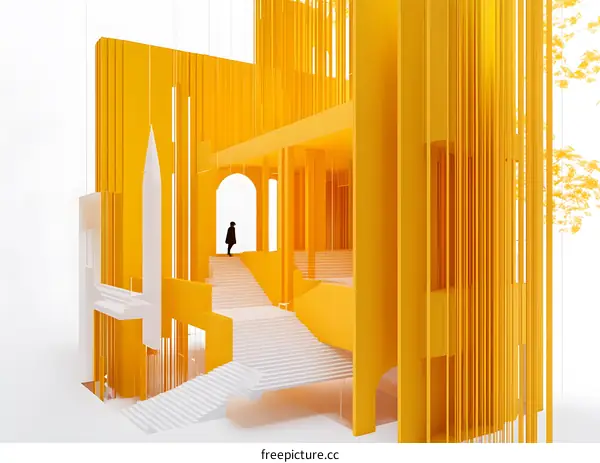 Yellow Building with White Stairs and a Single Person