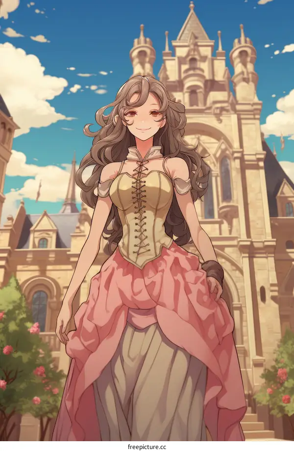 Brunette anime maiden rejoices standing before a magnificent ancient stronghold