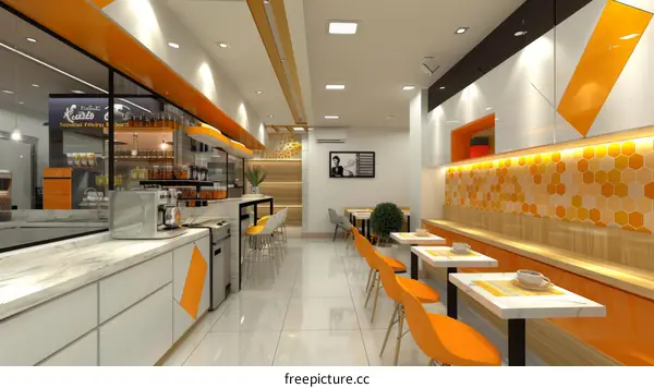 Modern Cafe Interior Design Perspective with White and Orange Color Scheme