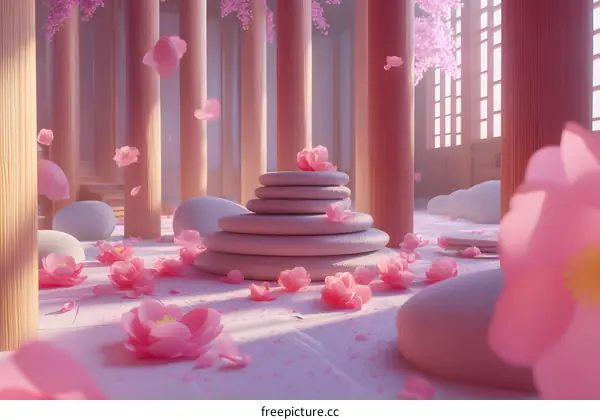 Pink Flower Minimalist 3D Illustration of Zen Garden