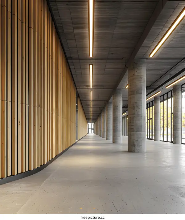 Modern Concrete And Wood Corridor With Lighting