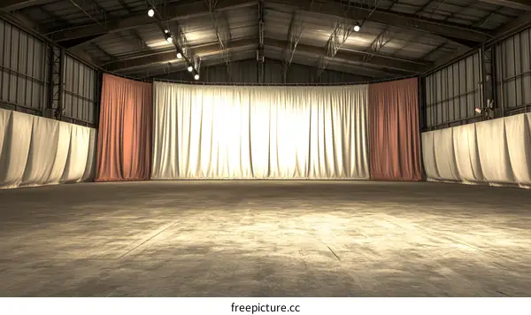 Empty Stage With White Curtains And Lights