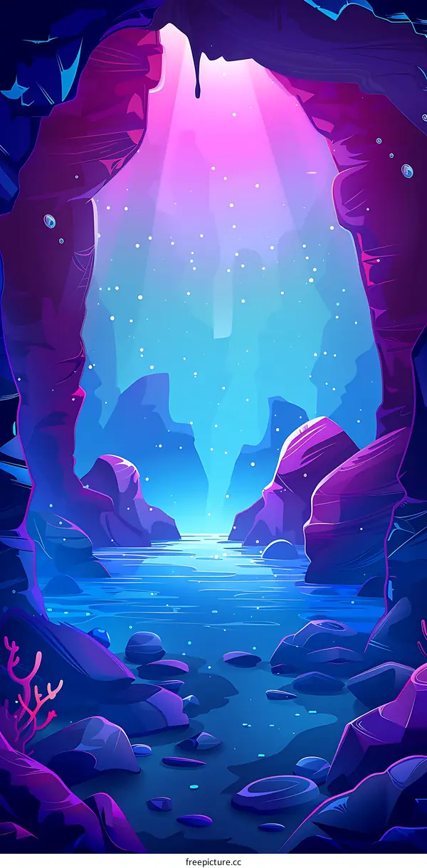 Fantasy Cave Scene With Neon Colors And Underwater Effect