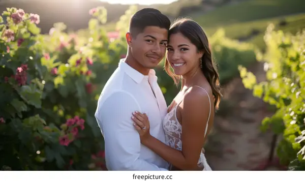 A happy couple is posing for a photo in a vineyard.