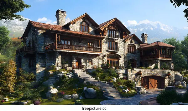 Mountainside Stone Mansion with Wooden Accents
