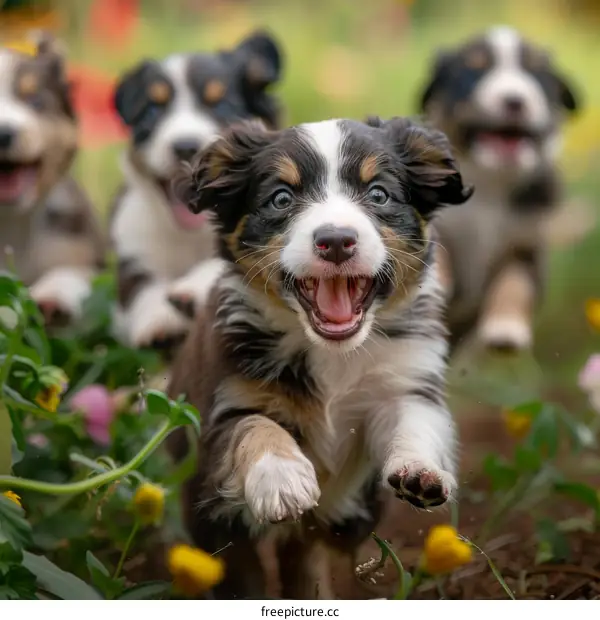 Playful Australian Shepherd Puppies Running in a Flower Field