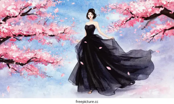 Elegant Asian Woman in a Black Gown Under Cherry Blossom Trees