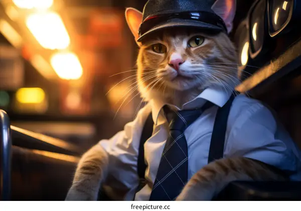 A ginger cat wearing a hat, tie, and suspenders sits in a car.