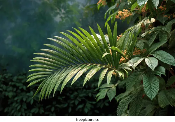 Tropical Green Palm Leaf Detail in Lush Garden
