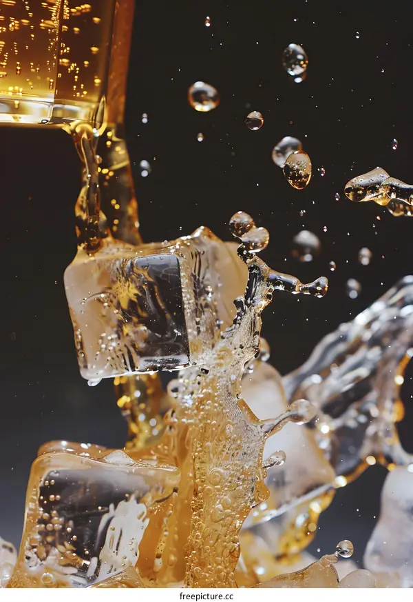 Liquid Pouring Into Ice Cubes Creating Splashes