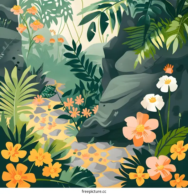 Jungle Landscape with Flowers and Stone Path