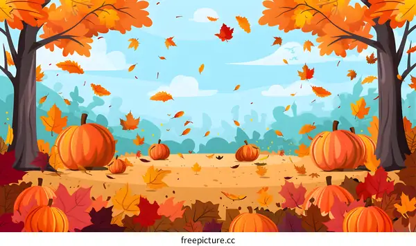 Autumn Background with Pumpkins and Falling Leaves