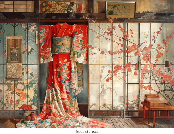 A kimono displayed in a traditional Japanese room
