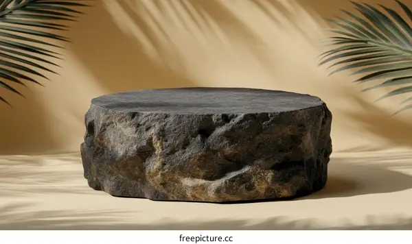 Dark Stone Product Display Stand with Tropical Leaf Shadows