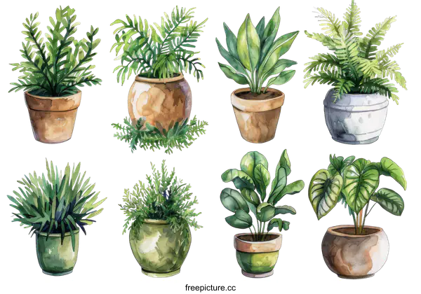 [Transparent Background PNG]Watercolor houseplants illustration set on black background