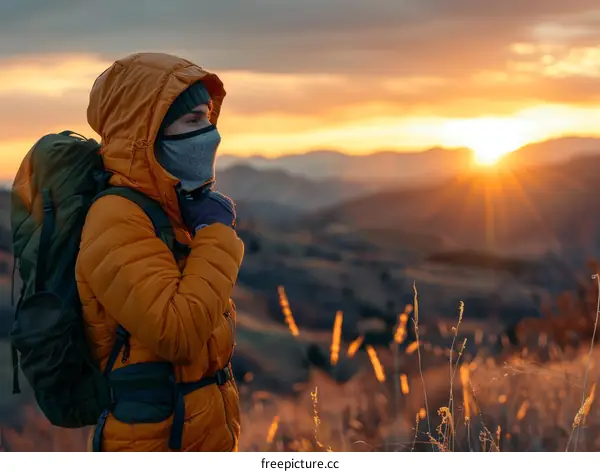 A lone hiker stands on a mountaintop and gazes at the sunset.