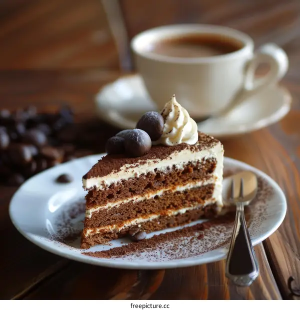 A delicious chocolate cake with a cup of coffee