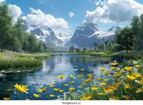 Mountain Lake Landscape with Blooming Flowers
