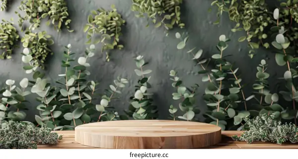Round wooden podium with green leaves