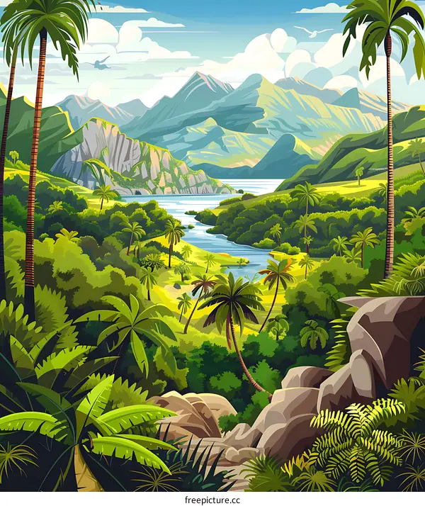 Tropical Landscape Illustration with Lush Green Foliage and Palm Trees