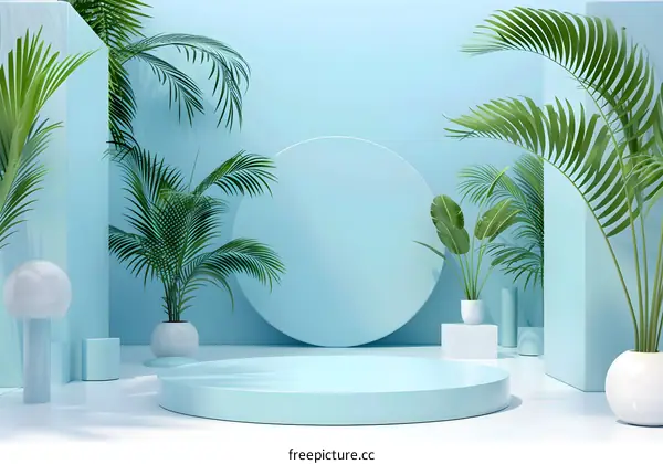 Blue Minimalist  3D Rendered Background With Tropical Plants