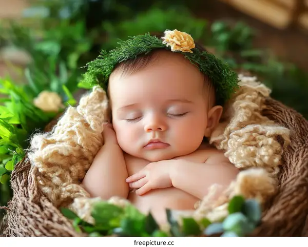 Adorable Baby Girl Sleeping in Nest