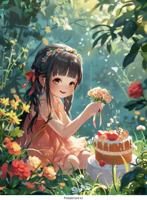 Cute Anime Girl Sitting in a Field of Flowers