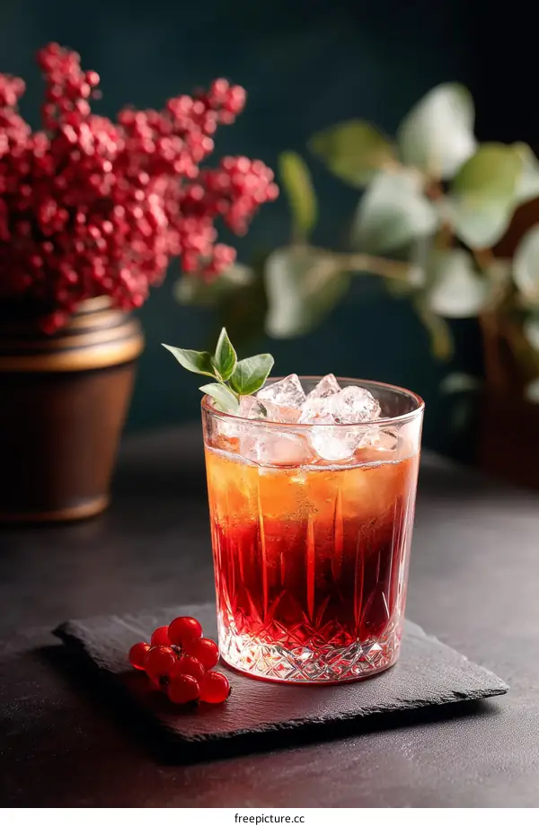 Elegant Red Cocktail with Ice Cubes and Berries