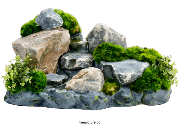 [Transparent Background PNG]Green Mossy Rocks with a Small Waterfall