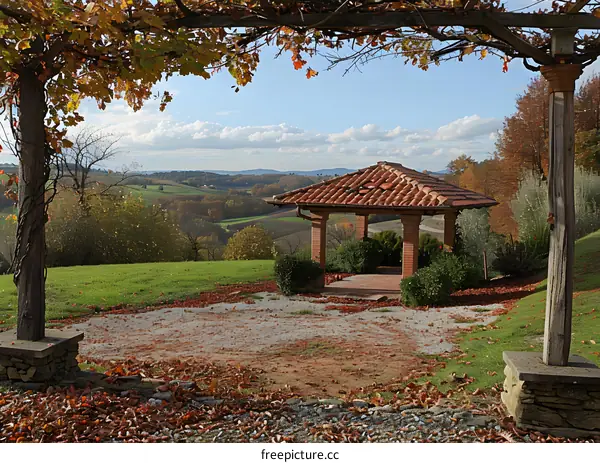Autumn Landscape with Gazebo and Vineyard View