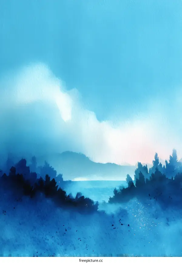 Tranquil Coastal Landscape Illustration in Shades of Blue