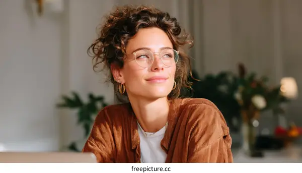 Thoughtful Woman with Glasses in a Cozy Room