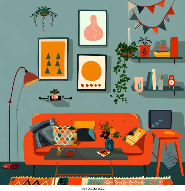 Modern Living Room Interior Design Illustration with Sofa and Plants