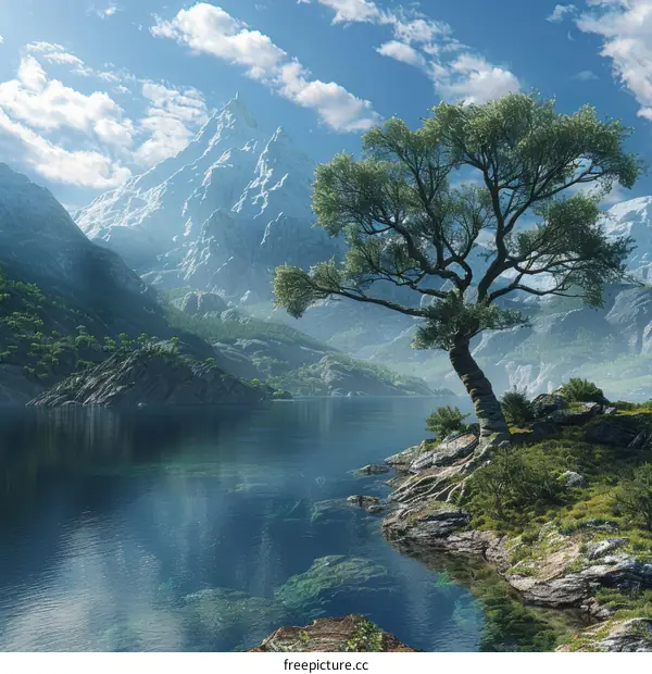 Enchanted Fantasy Landscape with Mountains, Lake, and Tree