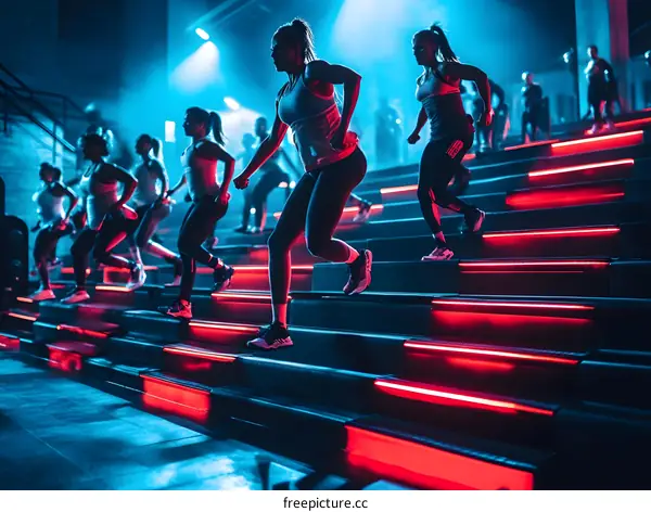 Group of Women Exercising on Stairs with Neon Lights