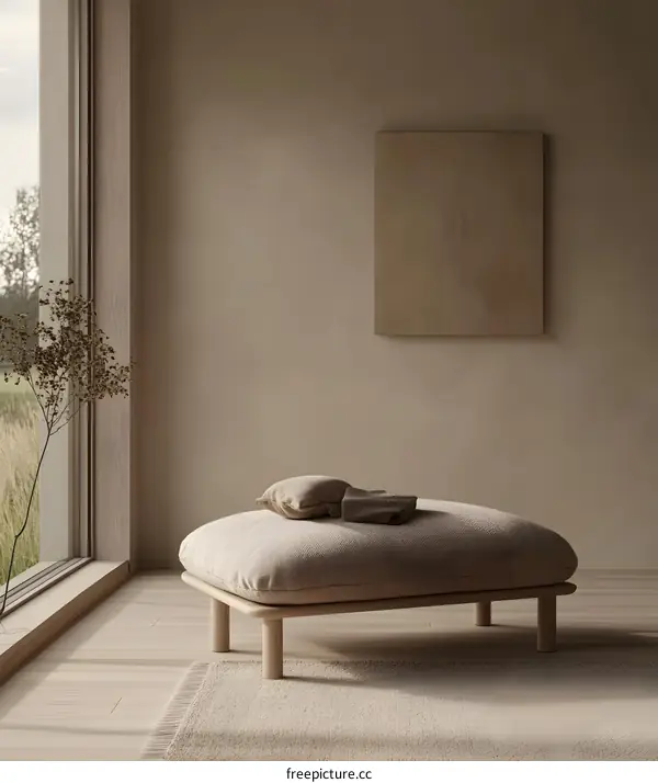 Minimalist Interior Design with Wooden Ottoman and Neutral Colors