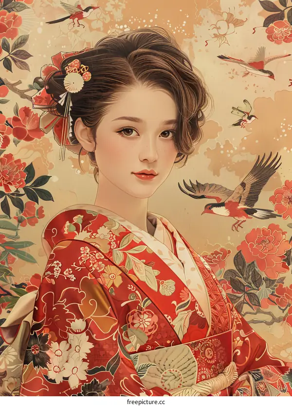 A beautiful Japanese woman in a red kimono with a floral pattern and a white obi standing in front of a floral background with red birds flying around her