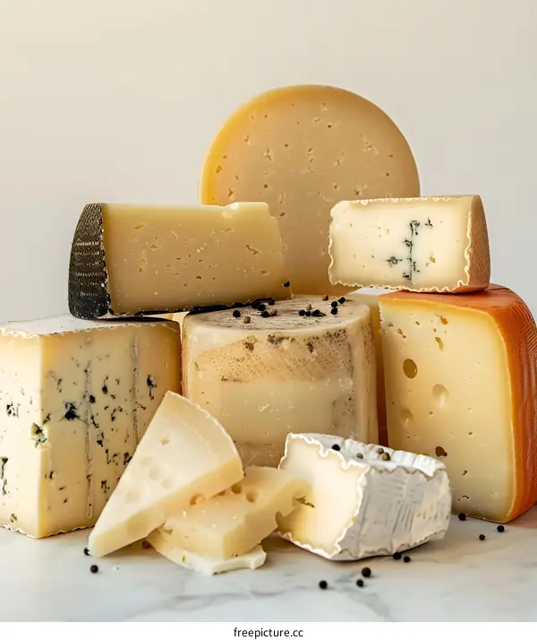Variety of Cheeses on White Marble Surface