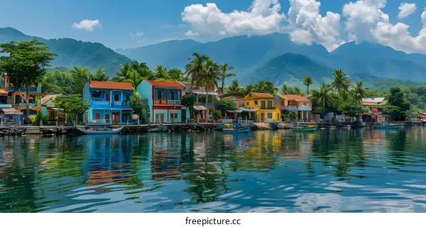 Colorful Houses on a Tropical Island With Blue Water and Mountains in the Background