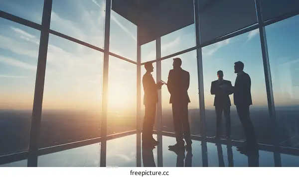 Businessmen Meeting in Office with Cityscape View