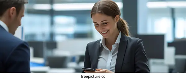 Smiling Businesswoman Using Smartphone in Office