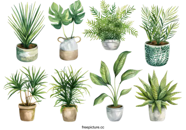 [Transparent Background PNG]Watercolor Set of Indoor Plants in Pots