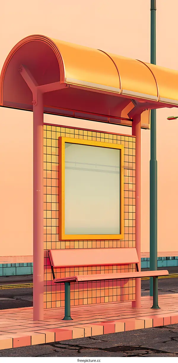 Pink Bus Stop With Yellow Roof Illustration