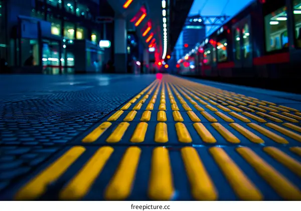 Yellow Tactile Pavement On Train Platform At Night