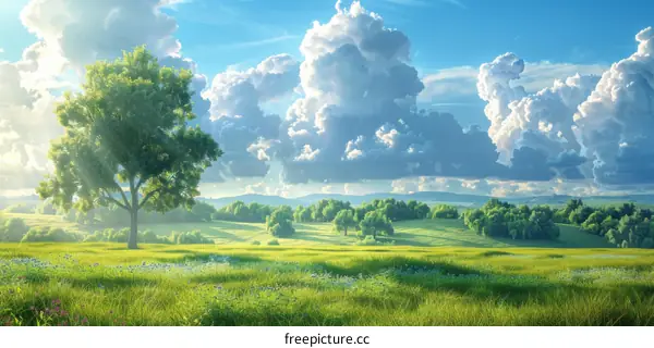 Rolling Green Hills Under a Blue Sky with Fluffy Clouds